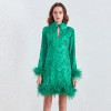 Feather Trim Dress-  Long Sleeve Feather Mini Dress