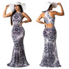 Elegant Women Boho Floral Print Halter Summer Beach Long Dress Sexy Backless Hollow Out Evening Party Dresses Female sundress