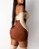 Colorblock Off Shoulder Drawing Ruched Bodycon Dress