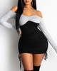 Colorblock Off Shoulder Drawing Ruched Bodycon Dress