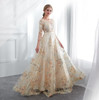 Floral Prom Dresses Walk Beside You Lace 3/4 Sleeves A-line Champagne Belt Empire Waist Long Evening Gowns Vestido De Formatura