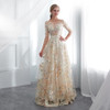 Floral Prom Dresses Walk Beside You Lace 3/4 Sleeves A-line Champagne Belt Empire Waist Long Evening Gowns Vestido De Formatura