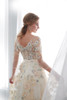 Floral Prom Dresses Walk Beside You Lace 3/4 Sleeves A-line Champagne Belt Empire Waist Long Evening Gowns Vestido De Formatura