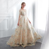 Floral Prom Dresses Walk Beside You Lace 3/4 Sleeves A-line Champagne Belt Empire Waist Long Evening Gowns Vestido De Formatura