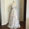 Floral Prom Dresses Walk Beside You Lace 3/4 Sleeves A-line Champagne Belt Empire Waist Long Evening Gowns Vestido De Formatura