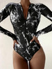 Summer Print Zipper One Piece Swimsuit Closed Long Sleeve Swimwear Sports Surfing Women's Swimming Bathing Suit Beach Bather