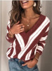 Women Sweaters Deep V Neck Vintage Striped Long Sleeve Knit Pullover Sweaters