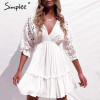 Simplee Women Elegant V Neck Embroidery Ruffle Pleated Cotton Lace Up Sleeveless Dress
