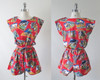 Vintage 80's Red Vacation Post Card Shorts Playsuit Romper