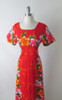 Vintage 60's Red Hawaiian Pink Orange Flower Barkcloth Maxi Dress M