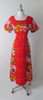 Vintage 60's Red Hawaiian Pink Orange Flower Barkcloth Maxi Dress M