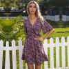Easebig V-neck Flared Sleeves Open Back Ruffle Dress