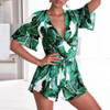 Deep V Neck Leaf Print Short Sleeve Romper