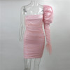 Pearl Mesh Puff Sleeve  One-Shoulder Mini Dress