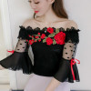 Flower Embroidery Flare Sleeve Off Shoulder Lace Top