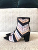 woman female colorblocked velvet high heel ankle boots booties