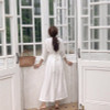 New  Women Dresses Spring Summer Cotton and Linen Elegant Pleated Long White Dresses V Neck Lace Up Bow DR1086