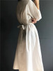 New  Women Dresses Spring Summer Cotton and Linen Elegant Pleated Long White Dresses V Neck Lace Up Bow DR1086