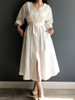 New  Women Dresses Spring Summer Cotton and Linen Elegant Pleated Long White Dresses V Neck Lace Up Bow DR1086