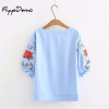 Floral Embroidery Short Sleeve O-neck Bohemian Blouse Shirts