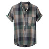 Cotton Linen Plaid Stand Collar Short Sleeve Shirts