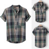 Cotton Linen Plaid Stand Collar Short Sleeve Shirts