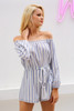 Sexy off shoulder blue striped Casual Rompers