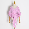 White Stripe Plaid Bowknot Shirt V Neck Puff Sleeve Casual Blouse