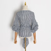 White Stripe Plaid Bowknot Shirt V Neck Puff Sleeve Casual Blouse