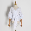 White Stripe Plaid Bowknot Shirt V Neck Puff Sleeve Casual Blouse