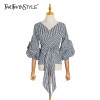 White Stripe Plaid Bowknot Shirt V Neck Puff Sleeve Casual Blouse