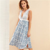 Blue Damask Print Eyelash Floral Lace Split Hem Deep V Neck Sexy Sleepwear