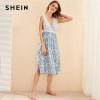 Blue Damask Print Eyelash Floral Lace Split Hem Deep V Neck Sexy Sleepwear