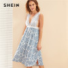 Blue Damask Print Eyelash Floral Lace Split Hem Deep V Neck Sexy Sleepwear