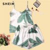 Multicolor Tropical Print Cami and Shorts Set Satin Pajama Sleepwear Multicolor Tropical Print Cami and Shorts Set Satin Pajama Sleepwear