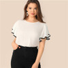 White Contrast Binding Butterfly Sleeve Button Ruffle Top Blouse