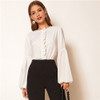 White Ruffle Trim Lantern Sleeve Keyhole Back Top Solid Blouse