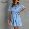 V neck flower A line Ruffled sash belt Wrap Dresses
