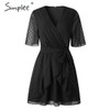 V neck flower A line Ruffled sash belt Wrap Dresses