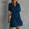 V neck flower A line Ruffled sash belt Wrap Dresses