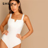 Elegant White V Cut Front Mid Waist Straps Skinny Plain Bodysuit Elegant White V Cut Front Mid Waist Straps Skinny Plain Bodysuit