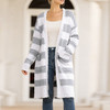 Women's color striped popcorn cardigan with pockets open front long cardigan