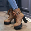 Women Supper High Heel Lace Up Zipper Rivet Studded Chunky Platform Boots