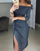 Metalic Off Shoulder Sexy Cocktail Party Pleated Dress