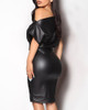 Skew Neck Batwing Short Sleeve PU Bodycon Dress