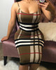 Grid Spaghetti Strap Backless Midi Dress