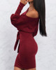 Skew Neck Puffed Sleeve Belted Bodycon Dress