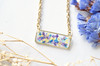 Real Dried Flowers and Resin Necklace, Gold Bar in Purple Yellow Blue