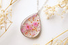 Real Dried Flowers and Resin Necklace, Silver Teardrop in Pink Orange and Silver Foil