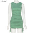 Summer Solid Slim knitting O Neck Sleeveless Skinny Lady Mini Wrap Dress